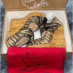 Christian Louboutin Melides 140 Panama Tiger Cork Wedges, Size 39, 5’inch heels